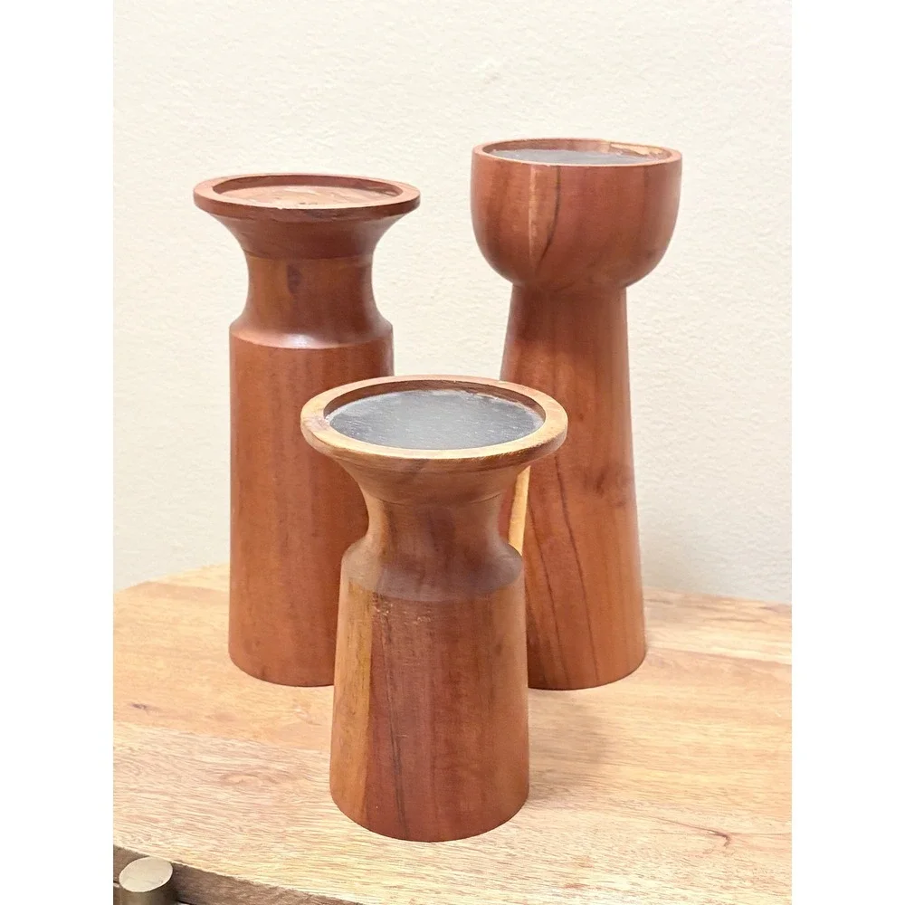 Vintage MCM Hand Turned Wood Pillar Candle Holder Set of 3 Trio